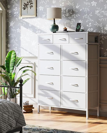 AODK Dresser with Charging Station, 52 Inches Tall Dresser for Bedroom with 11 Storage Drawers, Large Fabric Dressers for Living Room, Hallway, White - LeafyLoom