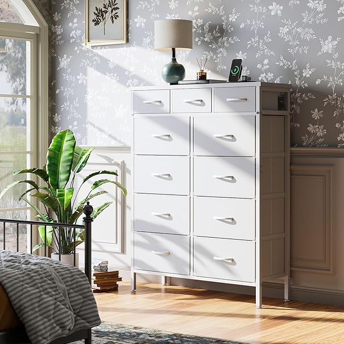 AODK Dresser with Charging Station, 52 Inches Tall Dresser for Bedroom with 11 Storage Drawers, Large Fabric Dressers for Living Room, Hallway, White - LeafyLoom