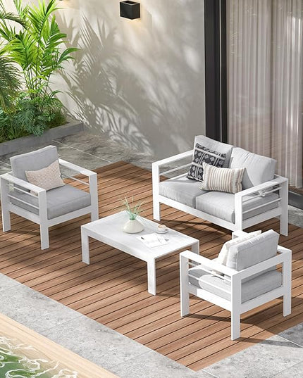Wisteria Lane Outdoor Patio Furniture Set, 4 Pieces Aluminum Sectional Sofa, Metal Patio Conversation Set with Loveseat, 5 Inch Light Grey Cushion and Coffee Table (White & Light Grey) - LeafyLoom