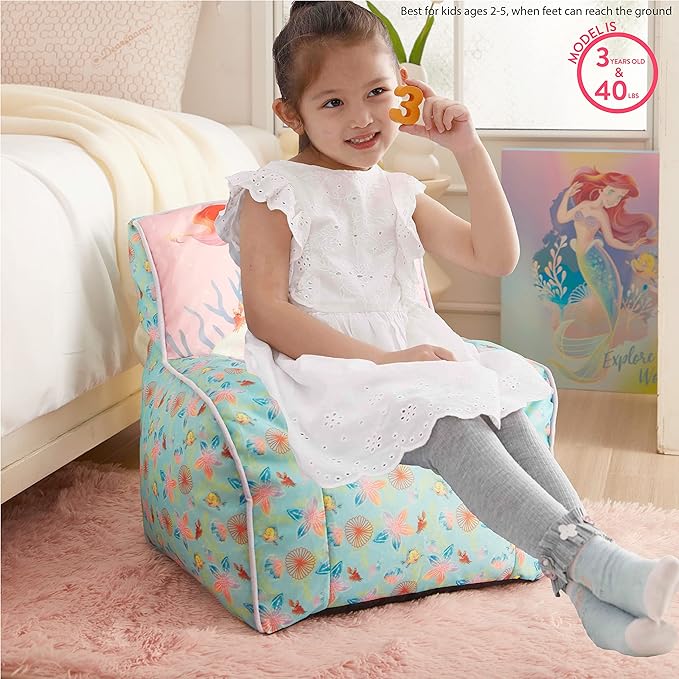 Idea Nuova Disney Little Mermaid Kids and Toddler Canvas Bean Bag Chair with Piping & Top Carry Handle - LeafyLoom