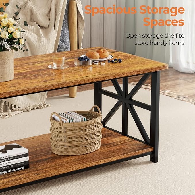 GreenForest Coffee Table with Round Corner, Farmhouse Center Table with 2-Tier Storage Shelf X-Frame Design for Living Room, 39 inch Walnut - LeafyLoom