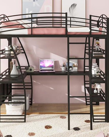 RITSU Twin Size Loft Bed with Storage 4 Layers Shelves and L-Shaped Desk, Strong Metal Bedframe, USB Ports Sockets and Wireless Charging, for Children's Room, Teens, Black - LeafyLoom