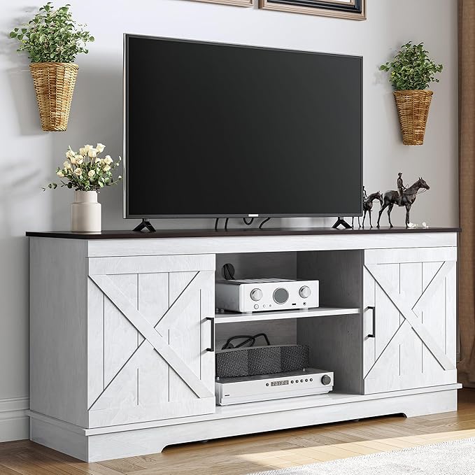 YITAHOME TV Stand for 65 Inch TV, Farmhouse Entertainment Center with Double Barn Doors and Storage Cabinets, Rustic TV Cabinet Media Console Table for Living Room, 59 Inch, Grey White/Espresso - LeafyLoom