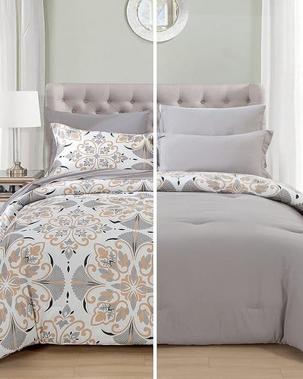 EMME Queen Comforter Set - Grey White Floral Bedding Set 7 PCS with Geometric Flowers Pattern, Soft Plant Printed Botanical Bed Set with Sheets, Fluffy Bed Bag for All Season(90"X90") - LeafyLoom