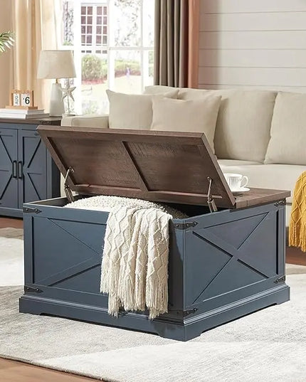 Farmhouse Square Coffee Table with Storage, Wood Center Table with Hinged Lift Top, Rustic Cocktail Table with Large Hidden Storage Compartment for Living Room, Bedroom,Blue - LeafyLoom