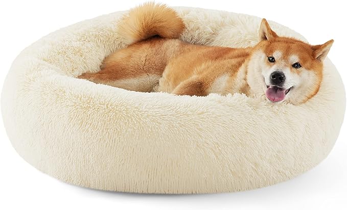 Bedsure Calming Dog Bed for Medium Dogs - Donut Washable Medium Pet Bed, Anti-Slip Round Fluffy Plush Faux Fur Cat Bed, Fits up to 45 lbs Pets, Oat Milk, 30 inches BEDSURE