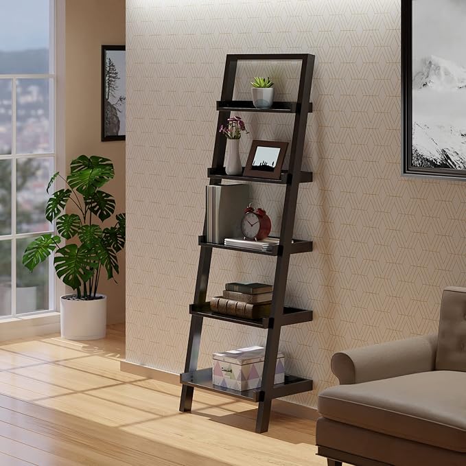 Winsome Bellamy 5-Shelf 69"H Leaning Bookcase, Black (29553) - LeafyLoom