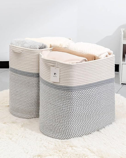 Rectangle Woven Baskets for Storage, Cotton Basket Large Blanket Basket, Laundry Nursery Rope Basket Living Room, Toy Storage Tall Laundry For Organizing, Large Baskets Clothes Collapsible - LeafyLoom
