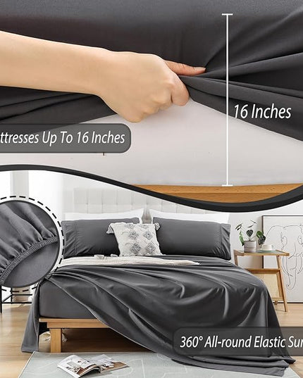Whitney Home Textile King Sheet Set - 4 Piece Luxury Cooling Bed Sheets for King Size Bed, Silky Soft Sheets 16" Deep Pocket, Hotel Bedding Sheets and Pillowcases, Wrinkle Free Oeko-Tex Sheets - LeafyLoom