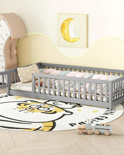 Multifunctional Twin Size Floor Bed with Safety Guardrails and Door, Removable Wood Slats, Montessori Beds Frame for Toddlers, Easy Assembly, for Boys and Girls Room, Gray - LeafyLoom