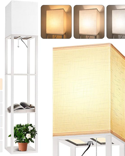 Floor Lamp with Shelves for Living Room White, Shelf Floor Lamp with 3 CCT LED Bulb, Corner Display Standing Column Lamp Etagere Organizer Tower Nightstand with White Linen Shade for Bedroom, Office - LeafyLoom