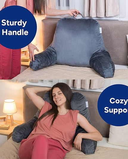 ComfortSpa Reading Pillow for Bed Adult Size, Back Rest Pillow with Arms, Pockets and Washable Cover; Use as a Back Pillow for Sitting in Bed for Bedrest or Relief from GERD Heartburn (Grey) - LeafyLoom