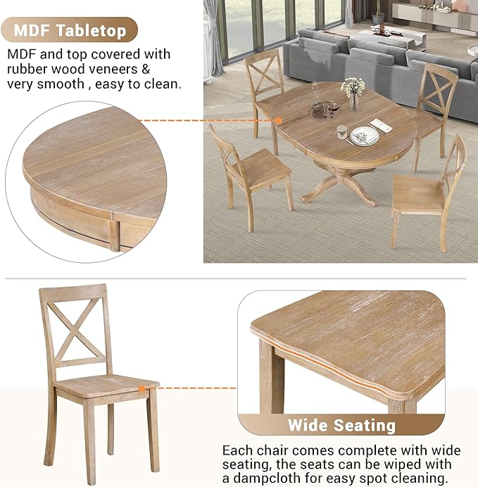 NicBex Round Dining Table Set for 4 Kitchen & Dining Room Tables Modern Dining Table Set for 4, Round Table and 4 Kitchen Room Chairs for Dining Room, Dinette, Breakfast Nook, Natural Wood Wash - LeafyLoom