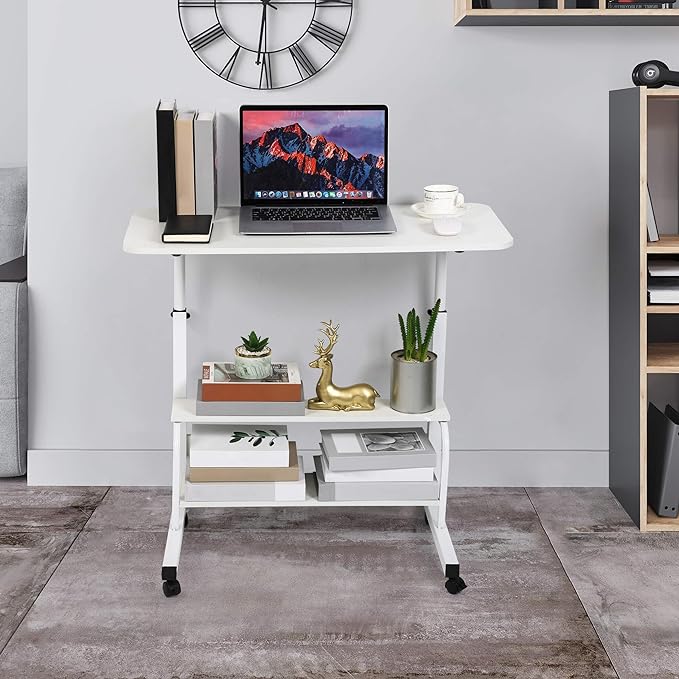 Adjustable Home Office Desk Portable Study Computer Rolling Desk for Small Spaces Movable Sofa Side Table on Wheels Student Small Laptop Desk with Storage White Size 31x16 Inch - LeafyLoom