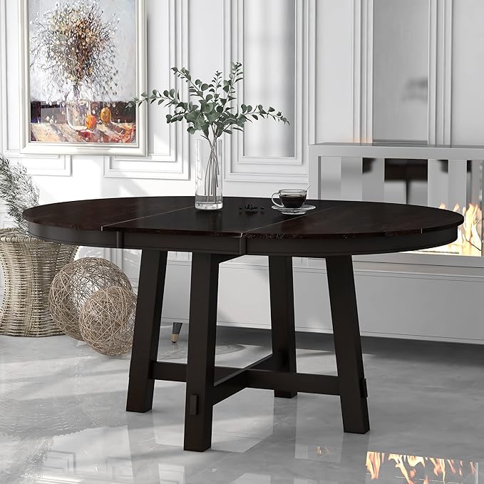 NicBex Dining Table Contemporary Kitchen Table Farmhouse Rustic Round Extendable Dining Table with 16" Leaf Wood Kitchen Table Round Dining Table, Espresso - LeafyLoom