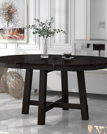 Farmhouse Round Extendable 16" Leaf Wood, Adjustable Length, Easy to Assembly, Room, Kitchen, 1 Piece Dining Table Set, Espresso 22 - LeafyLoom