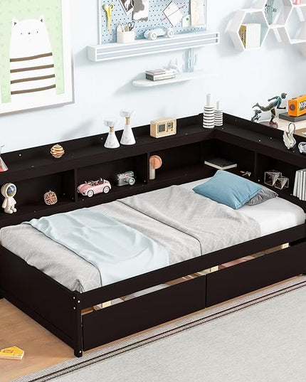 Twin Size Daybed with Storage Drawers and L-Shaped Bookcase Headboard, Solid Wood Captains Day Bed for Bedroom Living Room Guestroom, No Box Spring Needed, Espresso - LeafyLoom