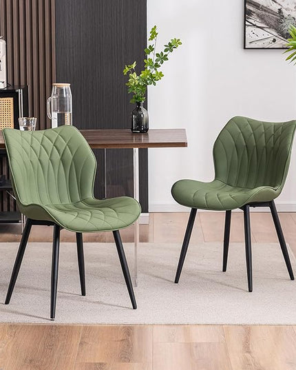 YOUNIKE Dining Chairs Set of 2, Upholstered Faux Leather Kitchen Dining Room Chairs, Modern Living Room Bedroom Side Chairs with Wide Curved Back and Metal Legs, Olive Green - LeafyLoom