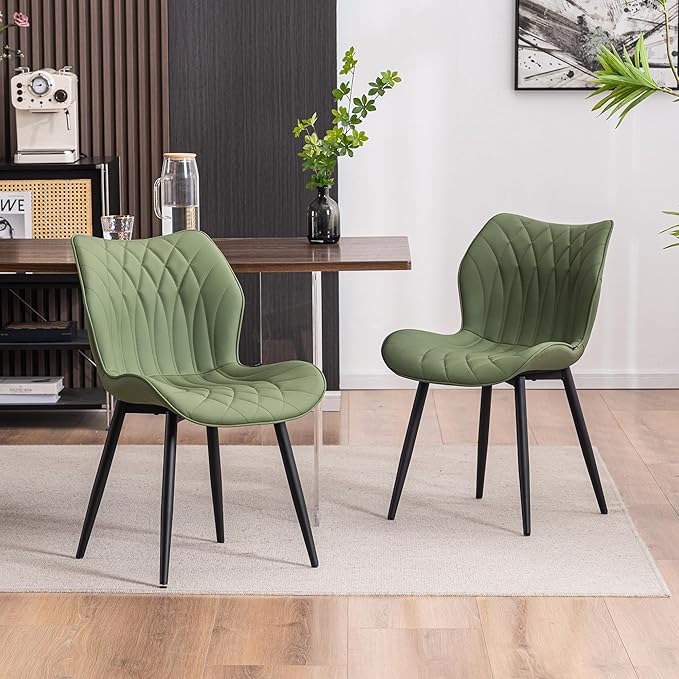 YOUNIKE Dining Chairs Set of 2, Upholstered Faux Leather Kitchen Dining Room Chairs, Modern Living Room Bedroom Side Chairs with Wide Curved Back and Metal Legs, Olive Green - LeafyLoom