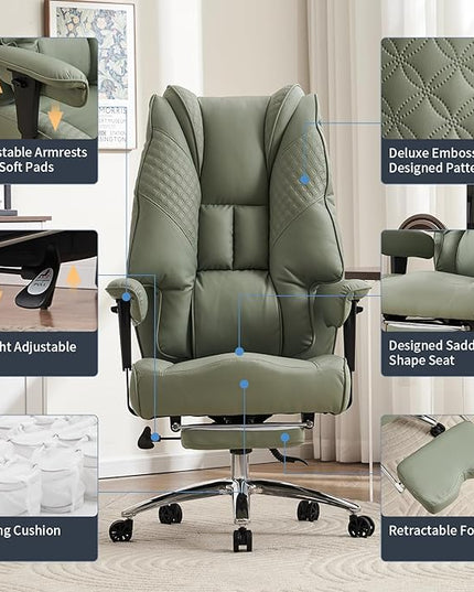 Big and Tall Office Chair 400lbs Wide Seat, Leather High Back Executive Office Chair with Foot Rest, Ergonomic Office Chair Lumbar Support for Lower Back Pain Relief (Light Green) - LeafyLoom