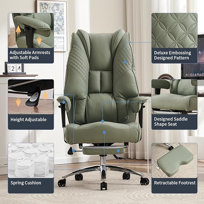 Big and Tall Office Chair 400lbs Wide Seat, Leather High Back Executive Office Chair with Foot Rest, Ergonomic Office Chair Lumbar Support for Lower Back Pain Relief (Light Green) - LeafyLoom