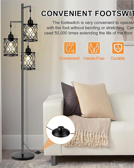 Industrial Floor Lamp, Metal Farmhouse Floor Lamp for Living Room, Rustic Standing Tall Lamp with 3 Elegant Cage Heads, Tree Floor Lamp for Bedrooms, Home Office, Bar, 68", Black, Bulb Not Included - LeafyLoom