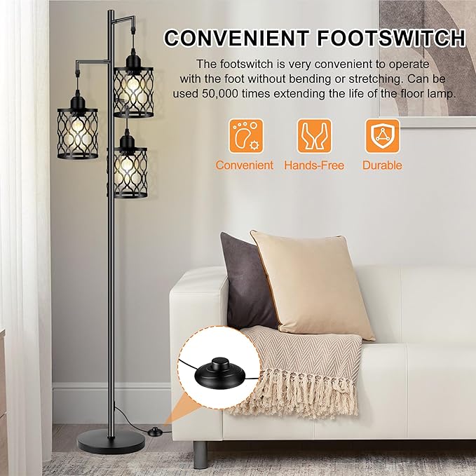 Industrial Floor Lamp, Metal Farmhouse Floor Lamp for Living Room, Rustic Standing Tall Lamp with 3 Elegant Cage Heads, Tree Floor Lamp for Bedrooms, Home Office, Bar, 68", Black, Bulb Not Included - LeafyLoom