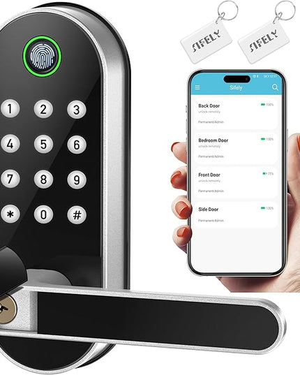 Keyless-Entry Fingerprint Smart Door Lock: Sifely Digital Electronic Lock with Code Passcode, Electric Door Knob, Biometric Door Handle Lock, Perfect for Exterior/Interior/Entry/Bedroom Doors (Silver) SifelySmartLocks