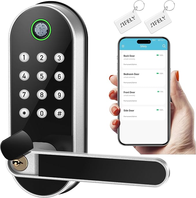 Keyless-Entry Fingerprint Smart Door Lock: Sifely Digital Electronic Lock with Code Passcode, Electric Door Knob, Biometric Door Handle Lock, Perfect for Exterior/Interior/Entry/Bedroom Doors (Silver) SifelySmartLocks