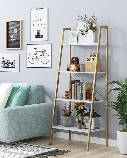 finetones Bookshelf 4 Tier, Wood Bookcase with Metal Frame, Open Display Storage Ladder Shelf, Plant Flower Stand Storage Rack for Home Office White/Gold - LeafyLoom