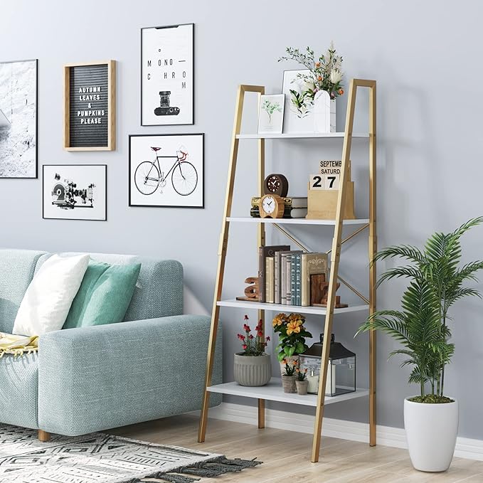 finetones Bookshelf 4 Tier, Wood Bookcase with Metal Frame, Open Display Storage Ladder Shelf, Plant Flower Stand Storage Rack for Home Office White/Gold - LeafyLoom