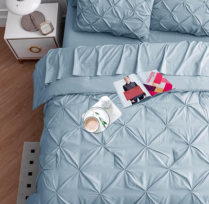 LANE LINEN Comforters Queen Size, 7 Piece Queen Comforter Set, Soft Queen Size Comforter Sets, Pintuck Queen Bed Set, Fluffy Comforters Queen Size Set with Sheets, Pillowcases & Shams - French Blue - LeafyLoom