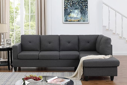 LOVMOR Living Room L-Shape Sectional Sofa with Right Facing Chaise, Linen Upholstered Reversible Corner Couch for Home, Small Space, Apartment, Dark Gray, 96 Inch - LeafyLoom