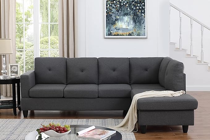 LOVMOR Living Room L-Shape Sectional Sofa with Right Facing Chaise, Linen Upholstered Reversible Corner Couch for Home, Small Space, Apartment, Dark Gray, 96 Inch - LeafyLoom