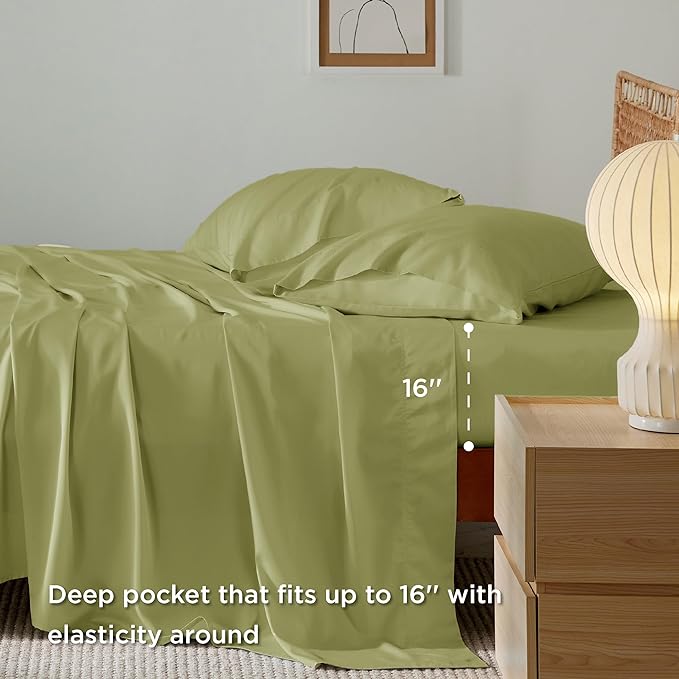 Bedsure King Size Sheet Set, Cooling Sheets King, Rayon Derived from Bamboo, Deep Pocket Up to 16", Breathable & Soft Bed Sheets, Hotel Luxury Silky Bedding Sheets & Pillowcases, Green - LeafyLoom