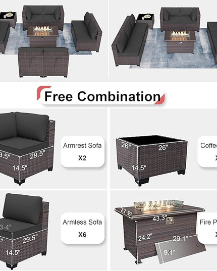 Patio Furniture Sectional Sofa Set 10-Pieces PE Rattan Patio Conversation Set w/43in Gas Fire Pit Table, Outdoor Furniture with 55000 BTU Propane Fire Pit, Grey - LeafyLoom