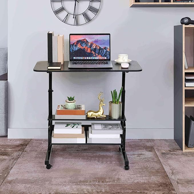 Adjustable Height Mobile Computer Desk for Small Space Rolling Desk with Wheels Desk Home Office Study Desk Portable for Bedrooms Work Desk Size 31.5x15.7 Inch Black with Storage Gaming Table B - LeafyLoom