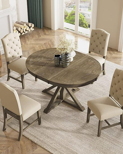 5-Piece Retro Round Dining Set with Extendable Table and 4 Upholstered Chairs for Kitchen, Breakfast Nook, Living Room, Natural Wood Wash, 42"-54" L x 42" W x 30" H - LeafyLoom