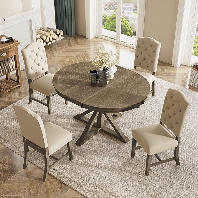 5-Piece Retro Round Dining Set with Extendable Table and 4 Upholstered Chairs for Kitchen, Breakfast Nook, Living Room, Natural Wood Wash, 42"-54" L x 42" W x 30" H - LeafyLoom
