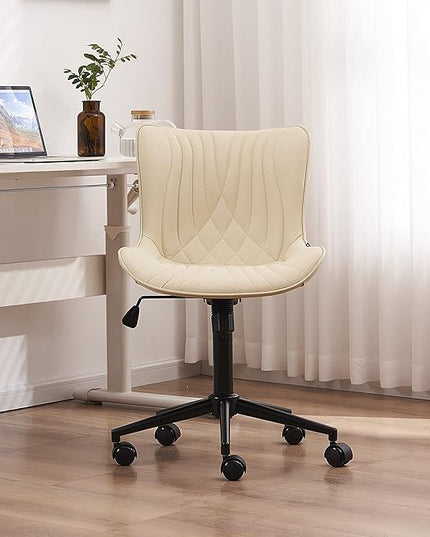 YOUNIKE Office Chair, Armless Desk Chair with Wheels, Home Office Computer Task Chairs, Modern Faux Leather Padded Vanity Chair, Adjustable Swivel Rocking Office Chair with Back, Beige - LeafyLoom