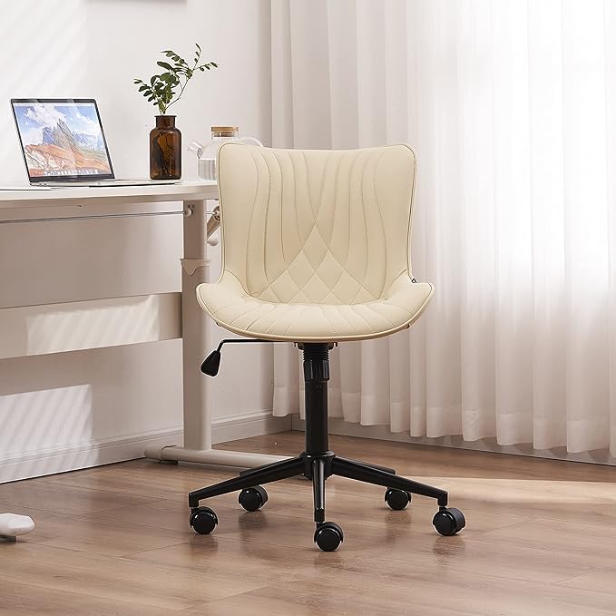 YOUNIKE Office Chair, Armless Desk Chair with Wheels, Home Office Computer Task Chairs, Modern Faux Leather Padded Vanity Chair, Adjustable Swivel Rocking Office Chair with Back, Beige - LeafyLoom