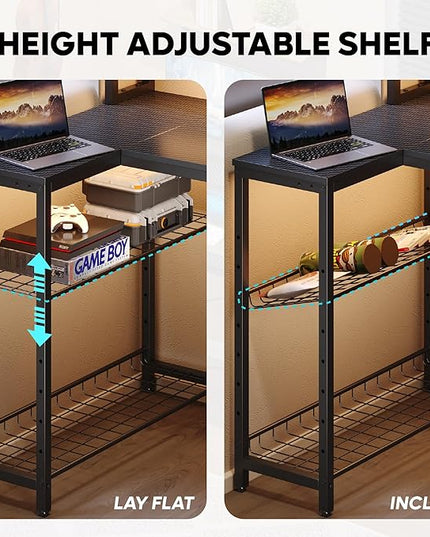 Bestier Gaming Desk with Power Outlets, 71.5 LED Computer Desk with Long Monitor Stand, Large L Shaped Corner Desk with Storage Shelf, Cup Holder Headset Hooks, Cool Desk for Gaming Room, Black - LeafyLoom