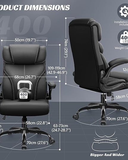 Office Chair, Ergonomic Big and Tall Computer Desk Chairs, Executive Breathable Leather Chair with Adjustable High Back Flip-up Armrests, Lumbar Support Swivel PC Chair with Rocking Function - LeafyLoom