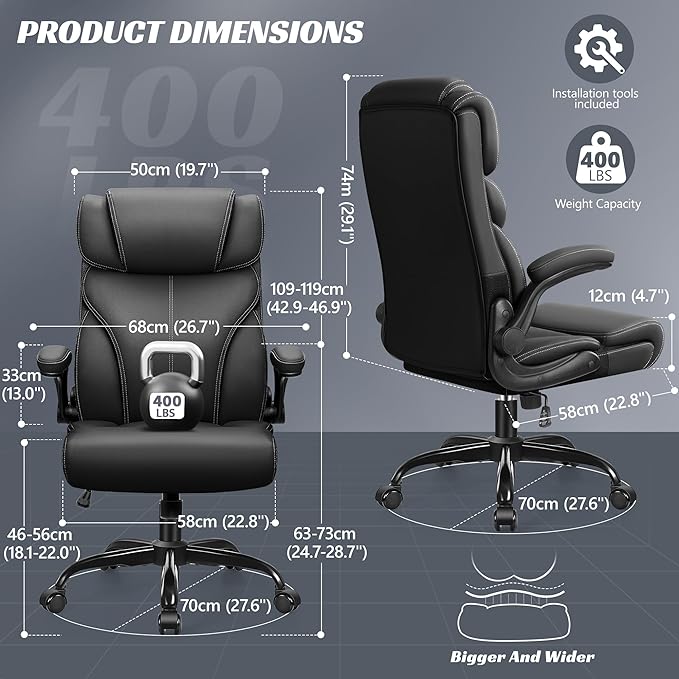 Office Chair, Ergonomic Big and Tall Computer Desk Chairs, Executive Breathable Leather Chair with Adjustable High Back Flip-up Armrests, Lumbar Support Swivel PC Chair with Rocking Function - LeafyLoom