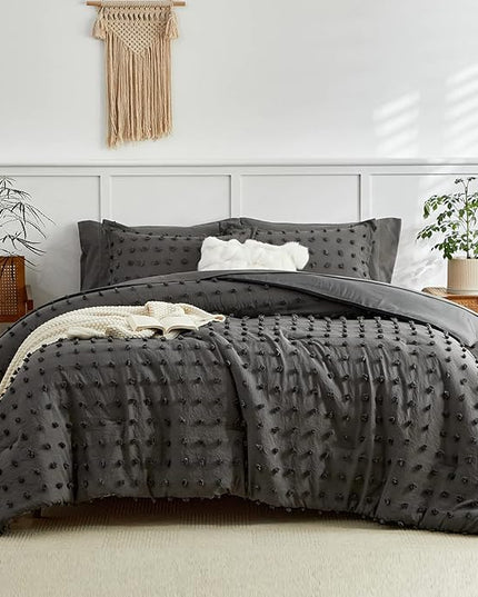 7 Pieces Tufted Dots Bed in a Bag Queen Comforter Set with Sheets Grey , Soft and Embroidery Shabby Chic Boho Comforters, Solid Color with Pom Pom Design, Jacquard Tufts Bedding Set for All Season - LeafyLoom