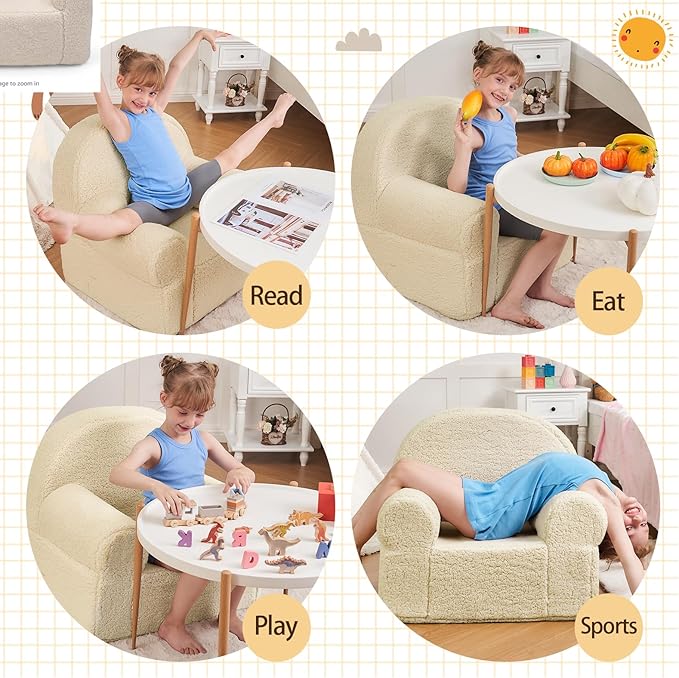 Beige Sherpa Toddler Chair, Soft Kids Plush Chair for Relaxing & Reading, Lightweight Handle Design, Easy to Clean, Removable Cover, Modern Style, 22x20x24 inches, 7.7 pounds - LeafyLoom