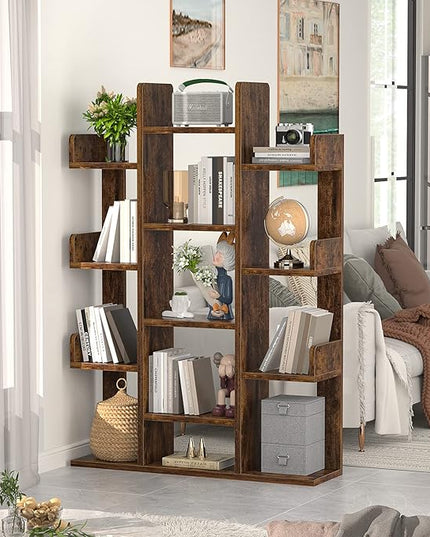 Aheaplus Bookshelf, Tree-Shaped Bookcase Storage Shelf with 13 compartments, Books Organizer Display Cube Shelves, Industrial Free Floor Standing Wood Open Bookshelves for Home - LeafyLoom
