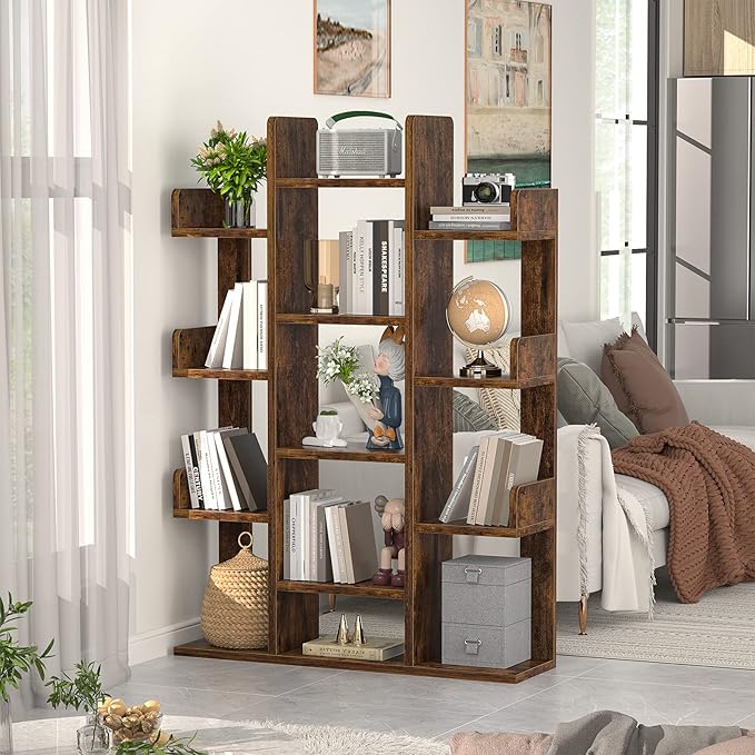 Aheaplus Bookshelf, Tree-Shaped Bookcase Storage Shelf with 13 compartments, Books Organizer Display Cube Shelves, Industrial Free Floor Standing Wood Open Bookshelves for Home - LeafyLoom