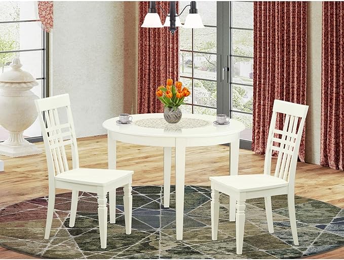 East West Furniture BOLG3-LWH-W 3 Piece Dining Set Contains a Round Kitchen Table and 2 Dining Chairs, 42x42 Inch, Linen White - LeafyLoom
