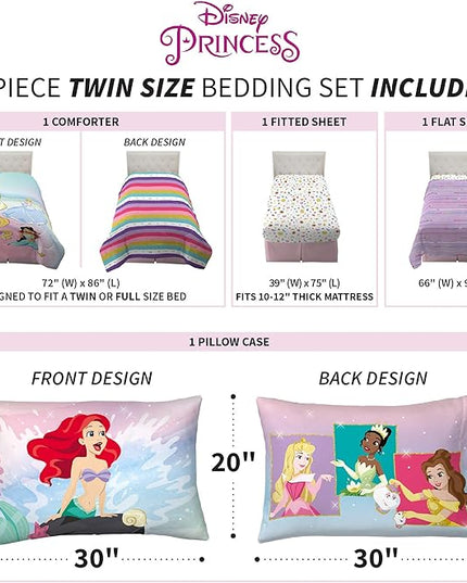 Disney Princess Ariel Kids Bedding Super Soft Comforter And Sheet Set, 4 Piece Twin Size, "Official" Disney Product By Franco - LeafyLoom